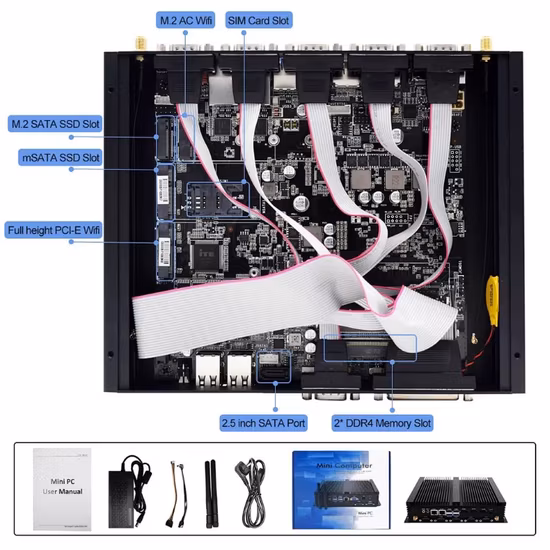 Industrial Computer I7-8565u DDR4 SATA HD Mini Dp Display LAN Fanless Mini PC RJ45 COM 4USB Type-C 2 Audio OPS Computer